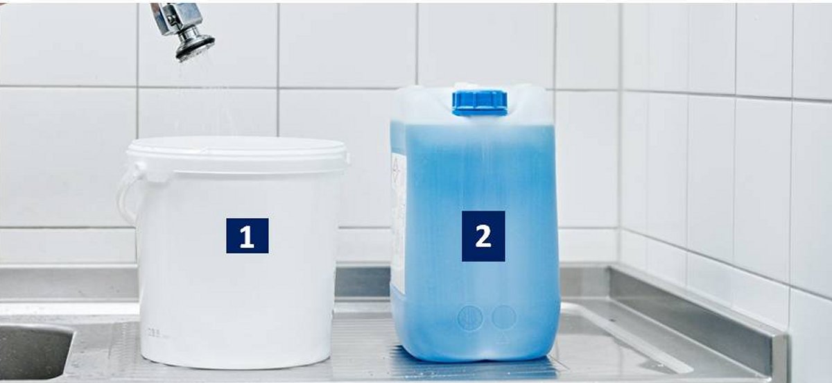Die richtige Reihenfolge: 1. Eimer mit Wasser fllen, 2. Kanister mit Reinigungskonzentrat