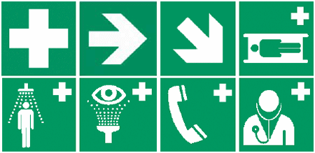 Abbildung: Kennzeichnungen verschiedener Erste-Hilfe-Einrichtungen