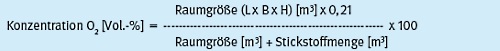 Gleichung 2: Zur orientierenden Bestimmung der zu erwartenden Sauerstoff-Konzentration bei Austritt von Stickstoff in einen Raum.