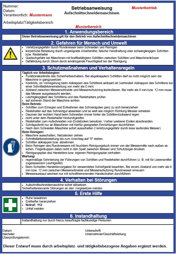 Betriebsanweisung Aufschnittschneidemaschinen