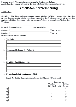 Abbildung: Formblatt Arbeitsschutzvereinbarung