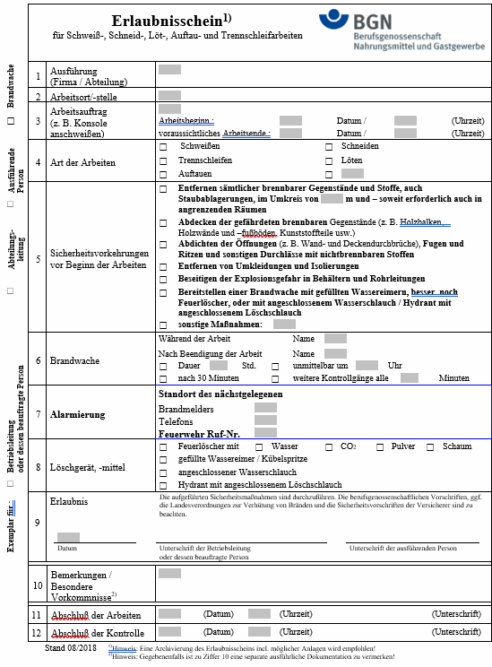 Abbildung: Erlaubnisschein fr Schwei-, Schneid-, Lt-, Auftau- und Trennschleifarbeiten