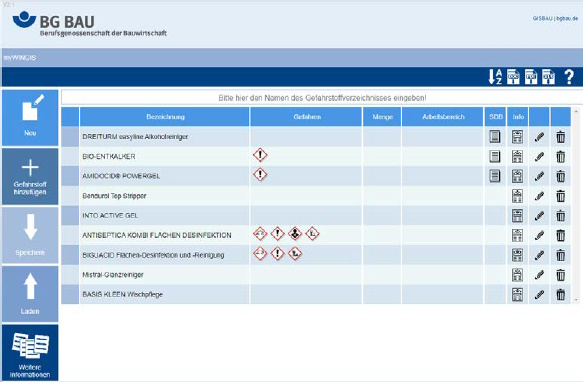 Abb. 6 Beispiel eines Gefahrstoffverzeichnises in myWINGIS