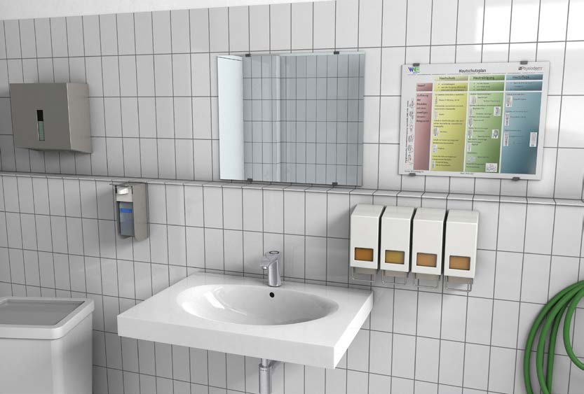 Abb. 6 Direkt am Waschplatz: Hautschutzplan und Spendersystem mit den erforderlichen Produkten