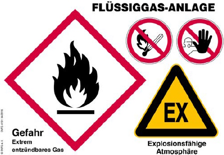 Abb. 16 Sicherheitskennzeichen Flssiggasanlagen bei Versorgung aus ortsfesten Druckgasbehltern (Quelle: DVFG)