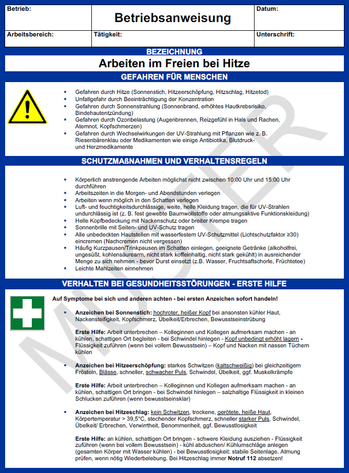 Betriebsanweisung Arbeiten im Freien bei Hitze