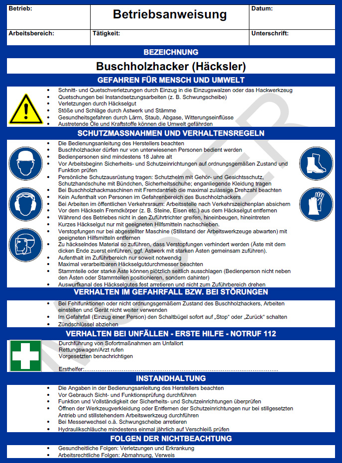 Betriebsanweisung Buschholzhacker