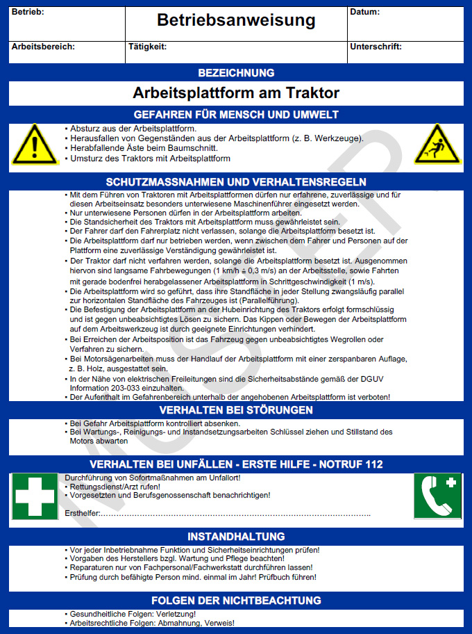 Betriebsanweisung Arbeitsplattform am Traktor