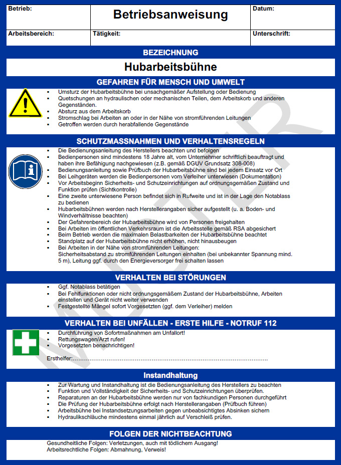 Betriebsanweisung Hubarbeitsbhne