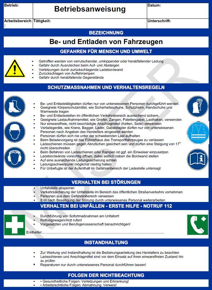 Betriebsanweisung Be- und Entladen von Fahrzeugen