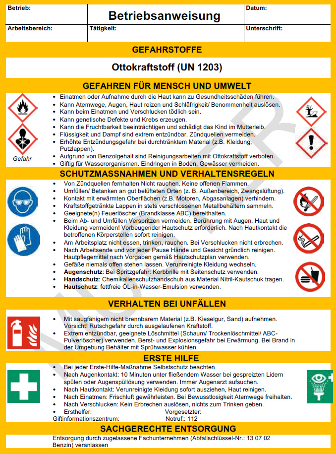 Betriebsanweisung Ottokraftstoff