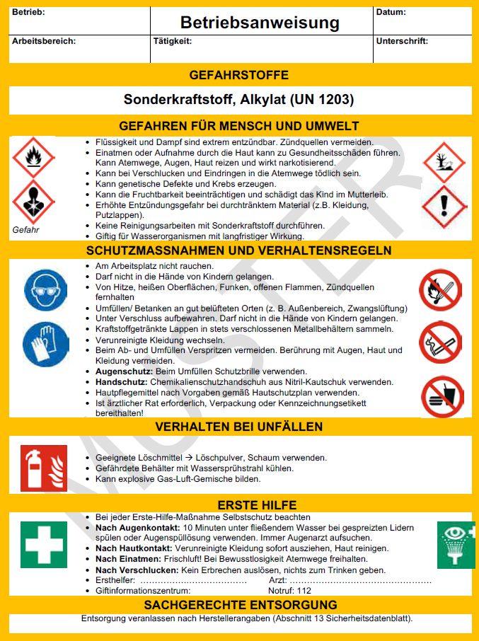 Betriebsanweisung Sonderkraftstoff