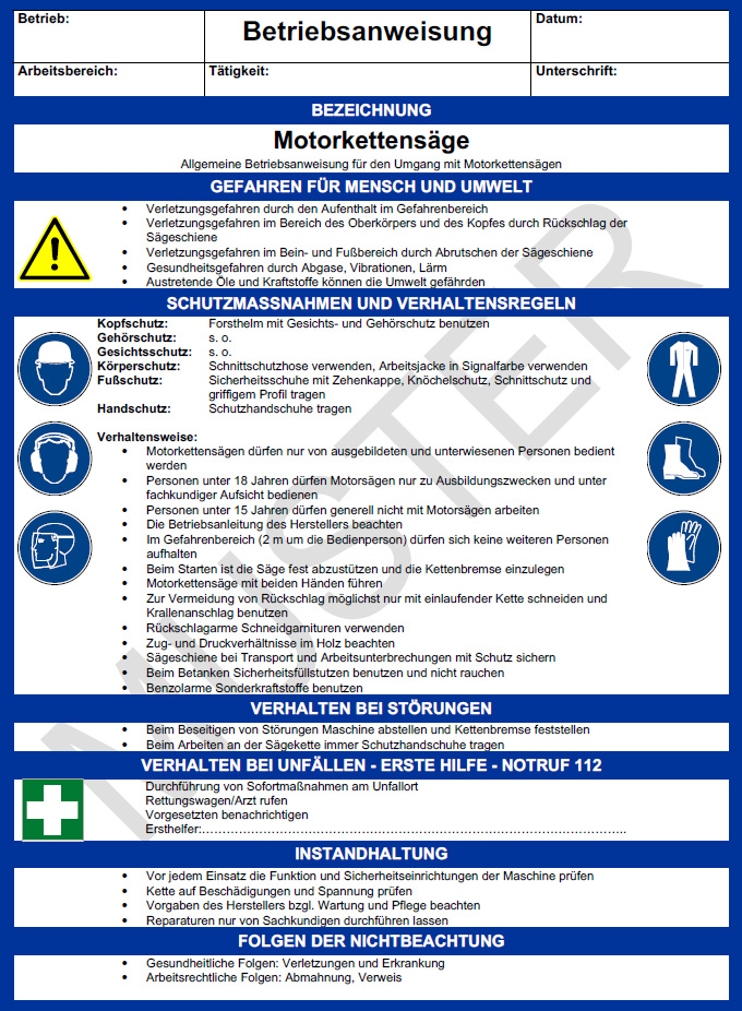 Betriebsanweisung Motorkettensge