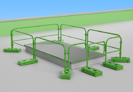 Abb. 16 Dachdurchsteig�ffnung im Flachdach mit gesichertem Randbereich (auflastbasiertes Seitenschutzsystem) und selbstschlie�ender T�r