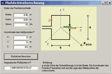 Ansicht des Programms zur Flussdichteberechnung