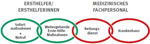 Glieder der Rettungskette, von links nach rechts: Spfortmanahmen und Notruf, Weitergehende Erste-Hilde-Manahmen, Rettungsdienst, Krankenhaus