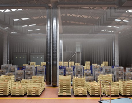 Abb. 2 Darstellung eines Backwarenverteilzentrums. Gestapelte heiß-warme Backwaren geben Wärme und Feuchte an die Raumluft ab