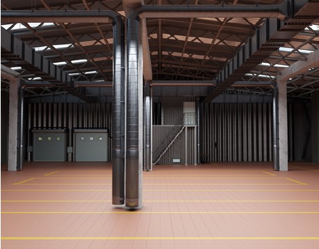 Abb. 3 Darstellung der Hallenbe- und Hallenentlüftungsanlage. Zur Umsetzung von Schichtenströmung wird die Zuluft über bodennah positionierte zylinderförmige Quellluftdurchlässe in die Halle eingebracht.